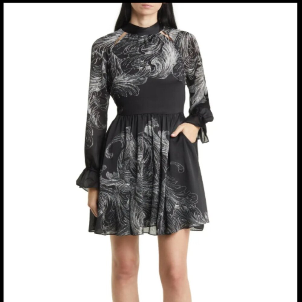 Ted Baker London Jazmyn Print Pleated Long Sleeve Minidress - Size 3 (US 8-10)